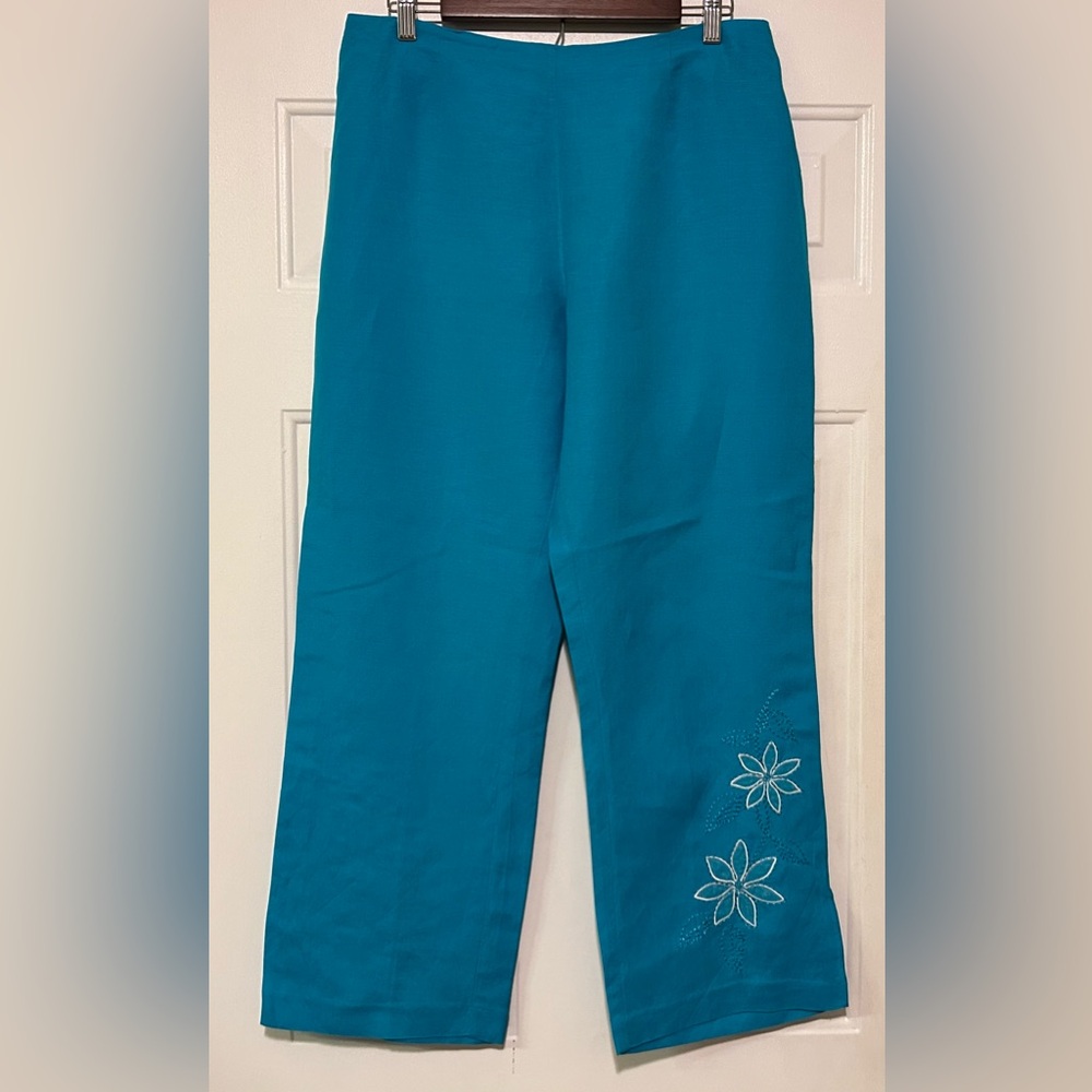 Plaza South Women Blue Pants Size 14 55% Linen/45% Rayon‎ 
Embroidered Pants